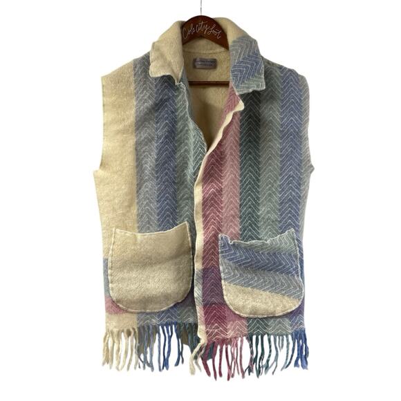 SUNSHINE DESIGNS Fringe Trim Vest Alafoss Wool Of Iceland Striped OS VTG Easter - Picture 1 of 9